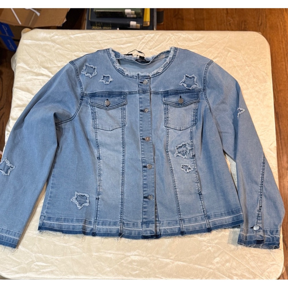 Renuar Women XXL Woven Tencel Jacket Blue Distressed Frayed R3811 NWT